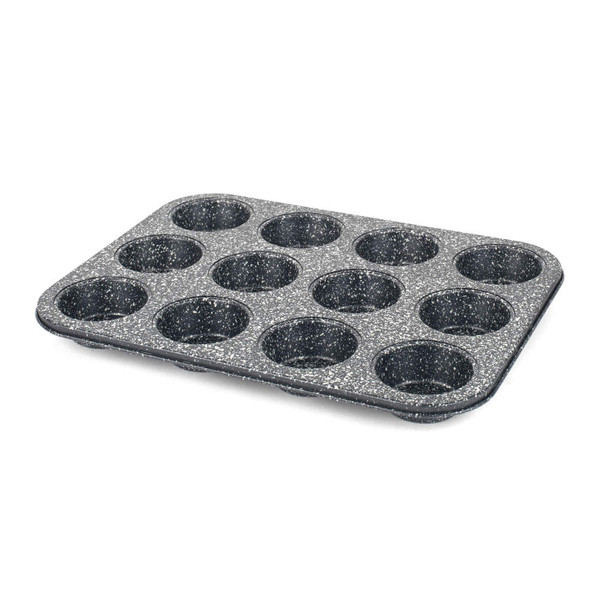 12-cup black speckled non-stick muffin tray shown at an angle