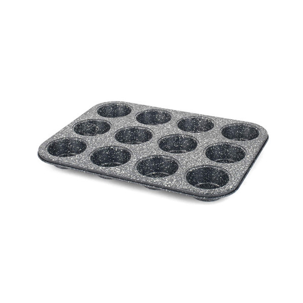 12-cup black speckled non-stick muffin tray shown at an angle