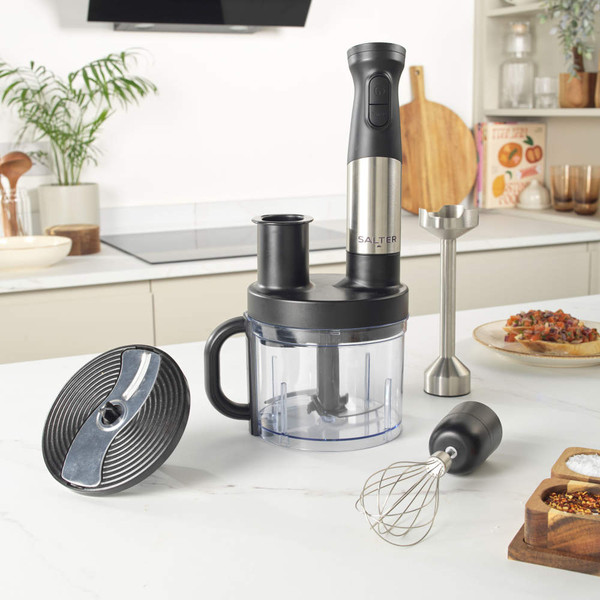 Salter hand blender set with chopper bowl, whisk, and blending attachment on kitchen worktop
