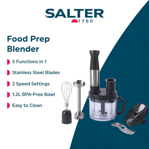 Salter food prep blender with attachments; promo graphic highlighting main features