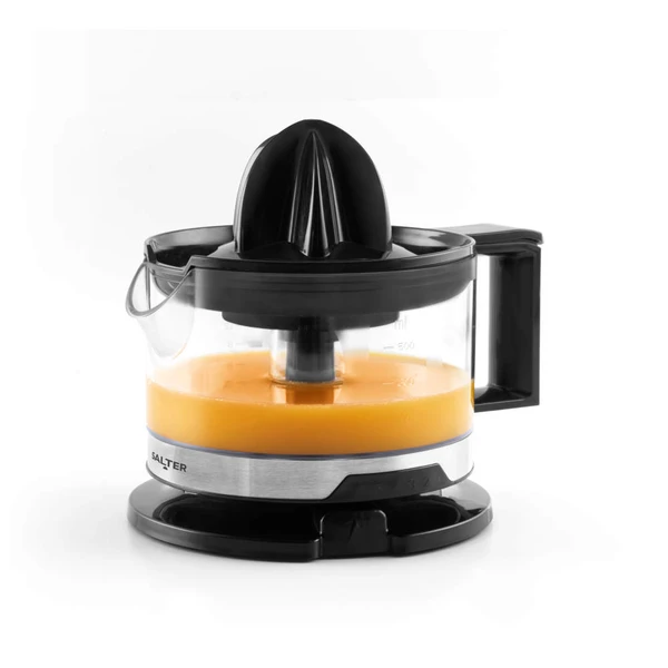 Electric citrus juicer with black lid and handle, filled with orange juice