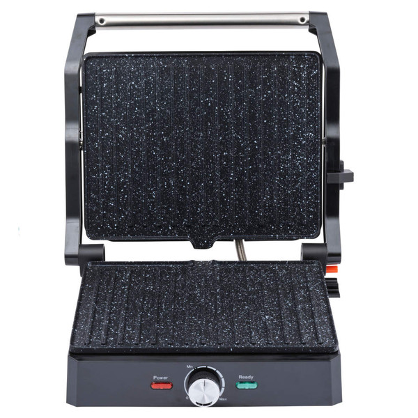 Electric grill with open speckled non-stick plates, front control dial and indicator lights