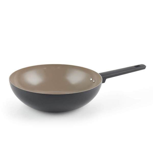Non-stick brown wok pan with black handle, shown at an angle on white background