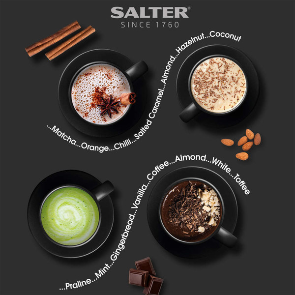 Banner with four coffee drinks flavours from Salter, including chocolate, matcha, and nut varieties.