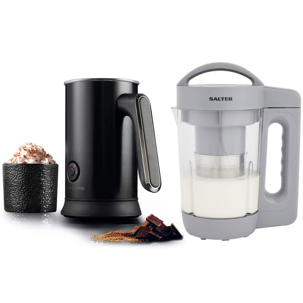 Salter black milk frother and grey soup maker set with hot chocolate and ingredients