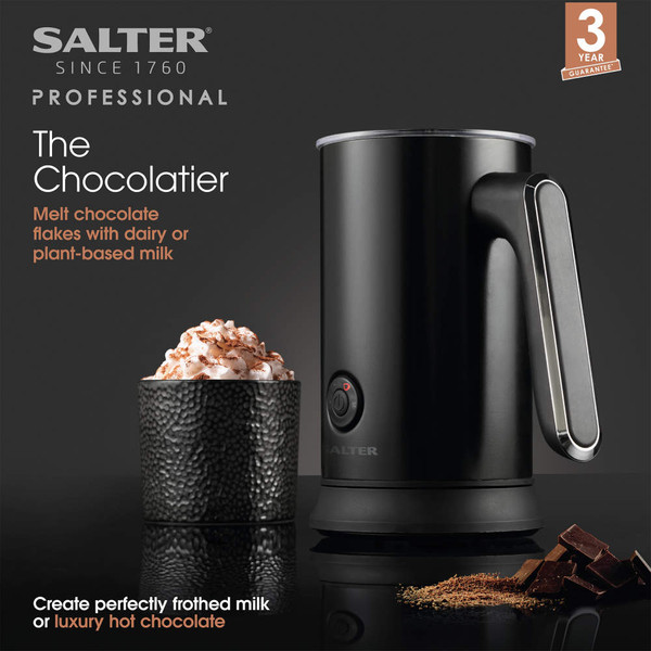 Salter black milk frother and hot chocolate maker with whipped chocolate drink in mug