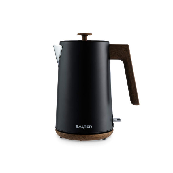 Black electric kettle with wood-effect handle and lid, shown upright on white background.