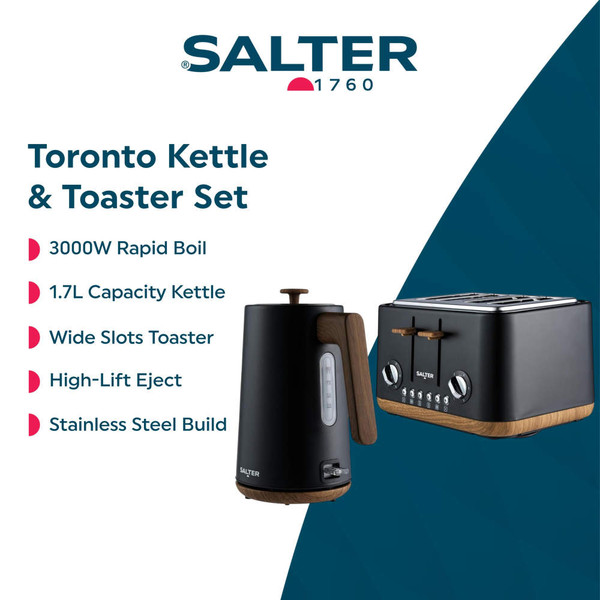 Black kettle, toaster, microwave and storage canisters with wooden accents on kitchen counter