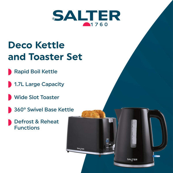Black kettle and toaster set with wide slots and rapid boil, Salter brand, on white background