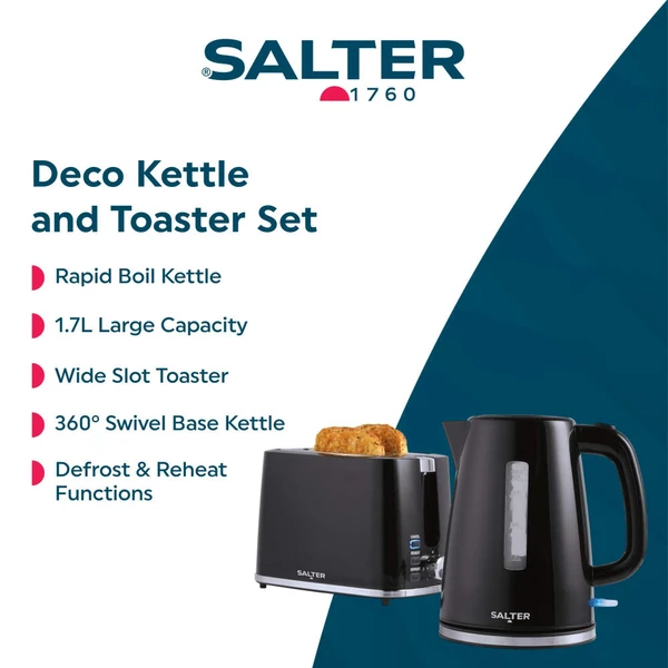 Black electric kettle and two-slice toaster set with chrome trim, side view