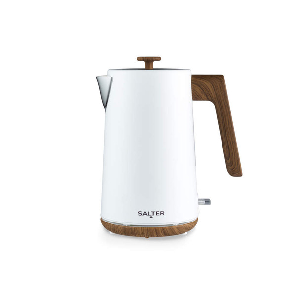 White cordless electric kettle with wooden handle and base