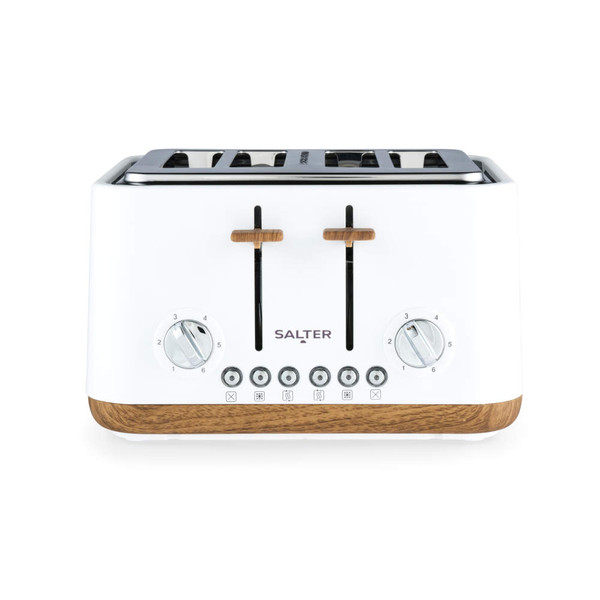 White 4-slice toaster with wood effect trim, front view, Salter brand.