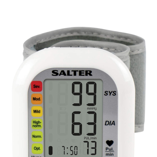 Wrist blood pressure monitor with large display, white and grey, showing measurements
