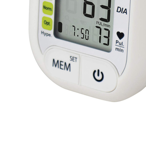 Digital blood pressure monitor screen close-up showing pulse and memory buttons
