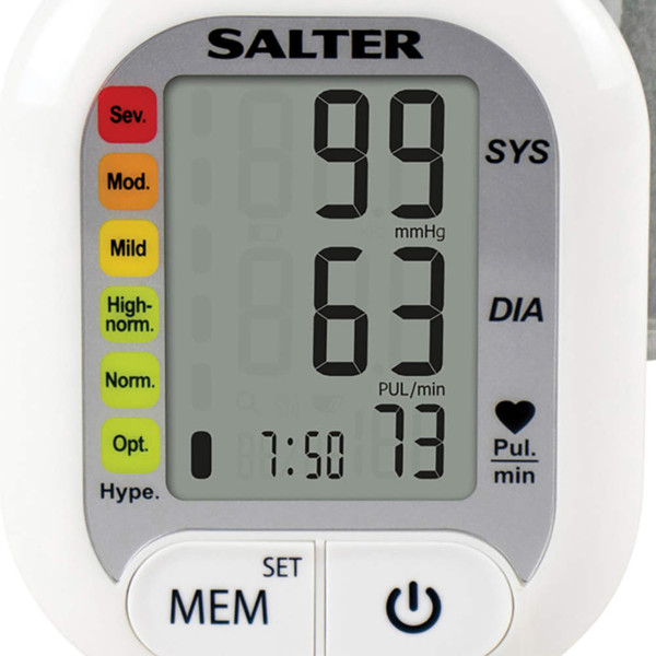 Digital blood pressure monitor showing Salter branding, large LCD display and heart rate reading.