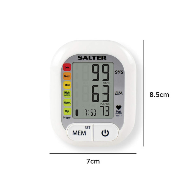 Compact digital blood pressure monitor, white with display, 7cm by 8.5cm