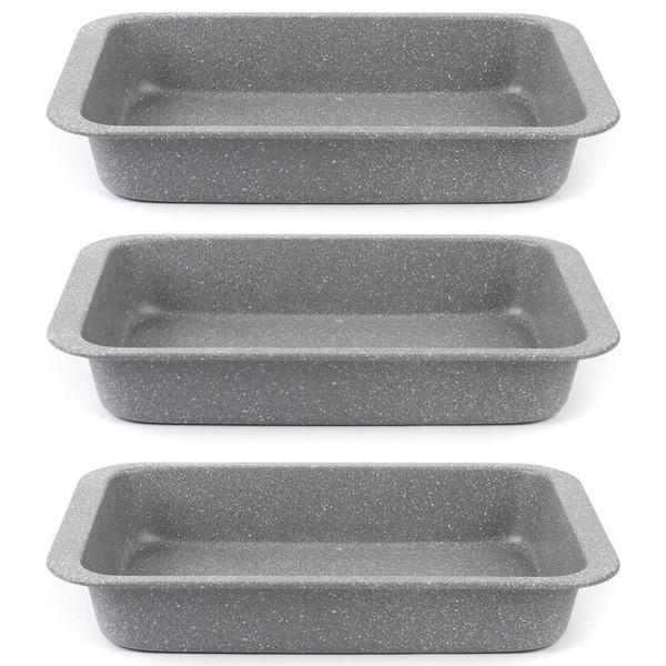 Set of three grey speckled non-stick roasting tins, rectangular, shown stacked side by side.