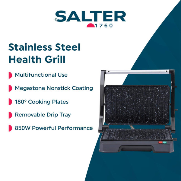 Salter Megastone health grill and panini maker with open flat plates, shown with food.