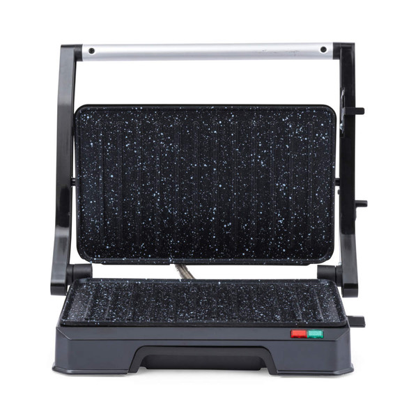 Black non-stick electric grill shown open, with indicator lights, product image