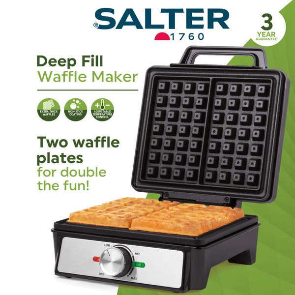 Black Salter deep fill waffle maker with open lid showing two golden waffles on plates.