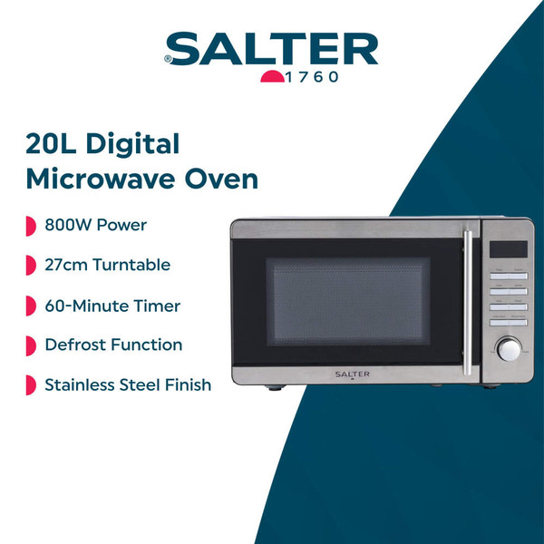 Stainless steel 20 litre digital microwave with side control panel, shown on white background.