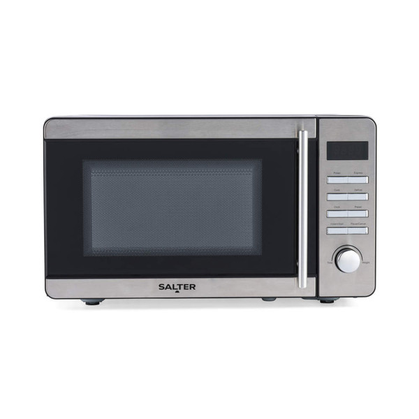 Silver countertop microwave oven with control panel, front view