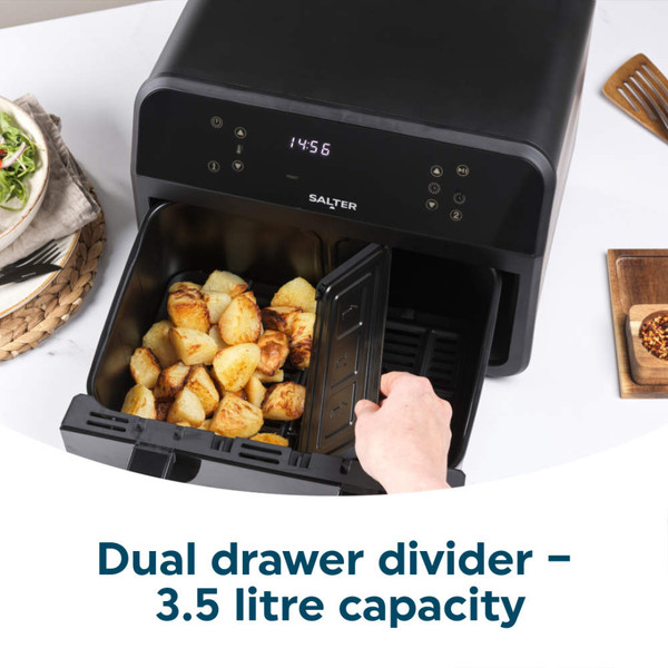 Black Salter dual air fryer on kitchen counter with digital display and two compartments