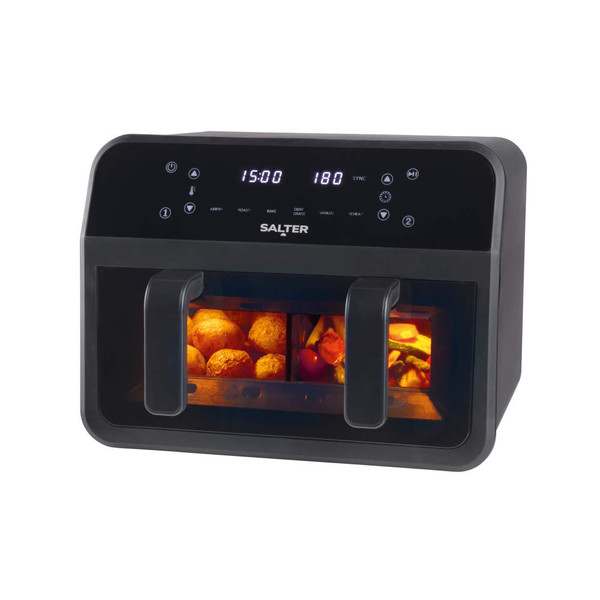 Salter black dual air fryer with digital display, showing food cooking in both drawers