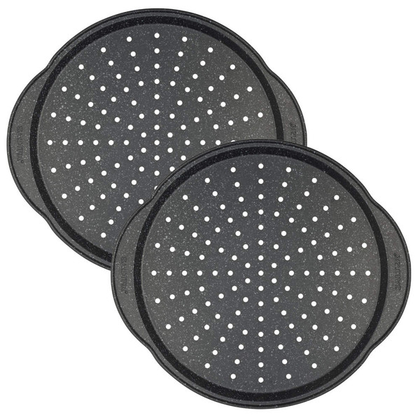 Set of two black non-stick pizza trays with perforations for crisp baking