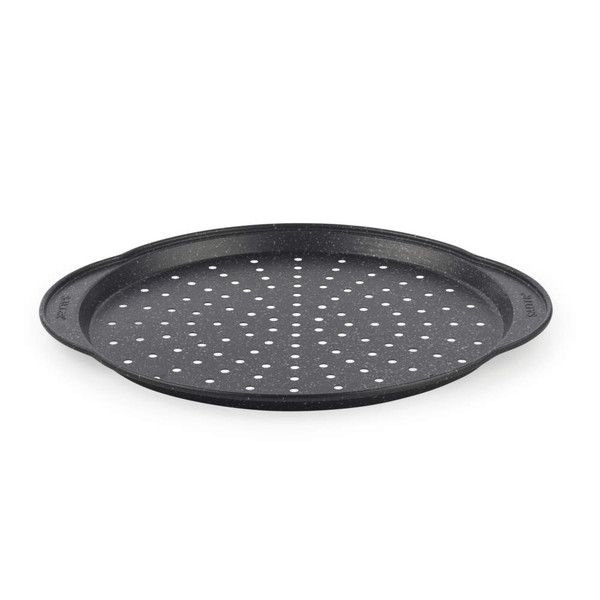 Grey non-stick pizza tray with perforated base, shown from an angle.