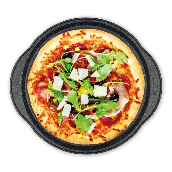 Grey non-stick pizza tray with perforated base, shown from an angle.