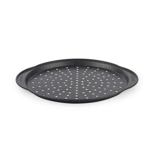 Grey non-stick pizza tray with perforated base, shown from an angle.