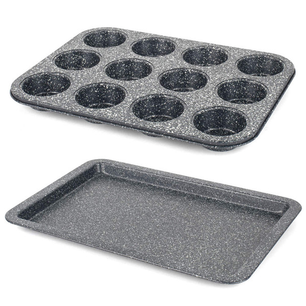 Set of grey non-stick speckled muffin tray and baking tray, shown empty