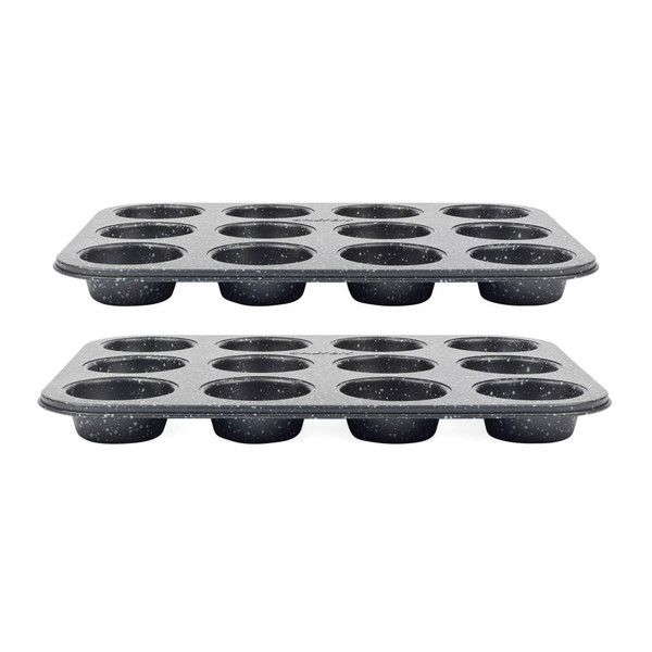 Set of two non-stick 12-cup muffin tins, black with white speckle finish