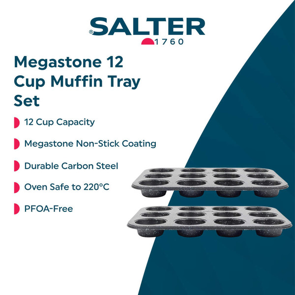 Set of 8 black speckled non-stick baking trays and tins on kitchen worktop