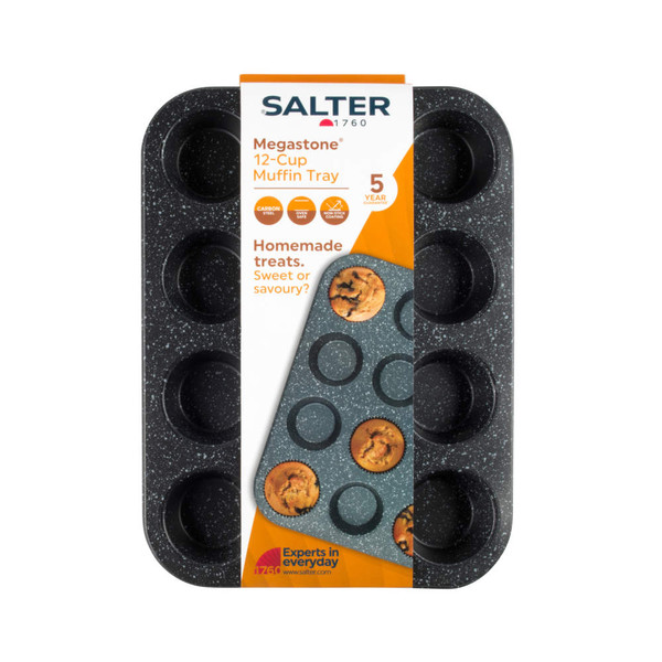 12-cup non-stick black muffin tin with grey speckled finish, shown from side angle