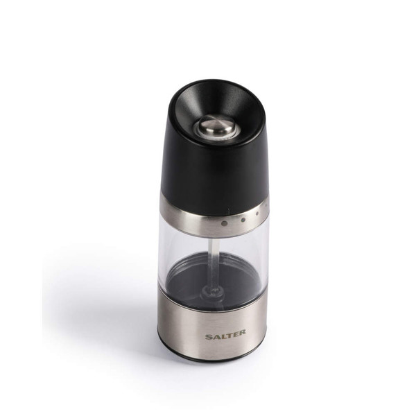 Silver and black electric salt or pepper mill, single unit, Salter branding visible