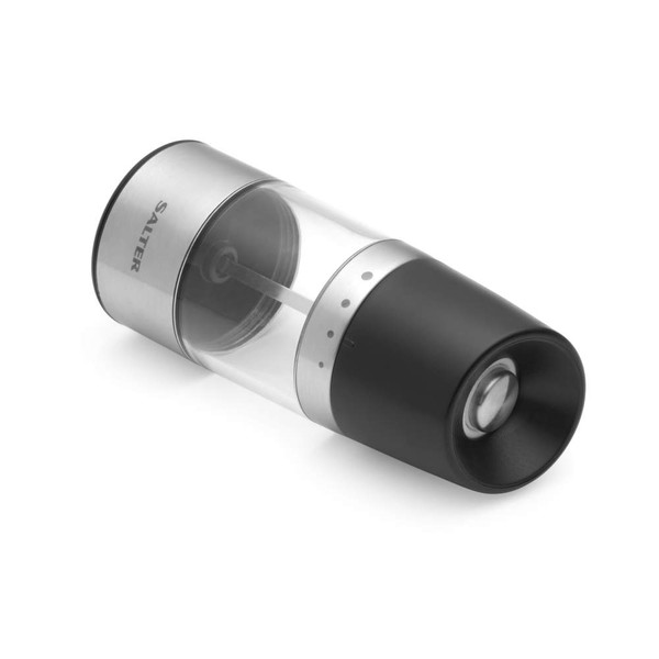 Electric silver and black salt or pepper mill with adjustable grind, angled on white background