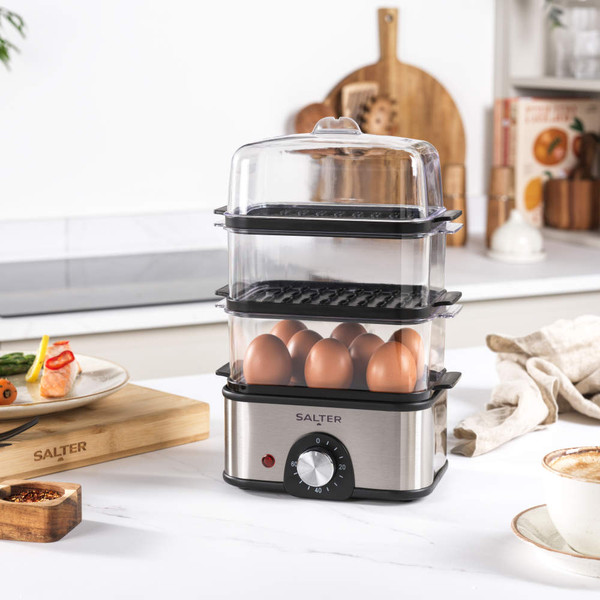 Salter stainless steel sous vide cooker with dial, shown with eggs, salmon and salad.