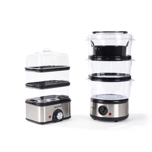 Silver Salter food steamers, one compact and one large, shown empty on white background