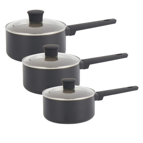 Set of three black saucepans with glass lids, shown side by side.