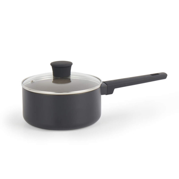 Black saucepan with glass lid and long handle, shown on white background.
