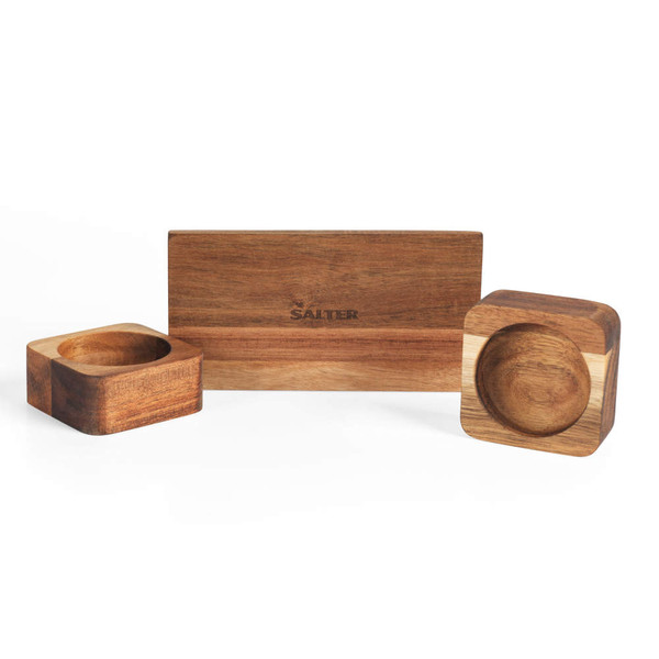 Set of three brown acacia wood Salter salt and pepper pinch pots, shown on white background