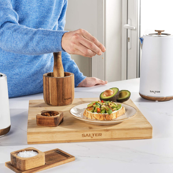 Set of two square brown wooden bowls on matching tray