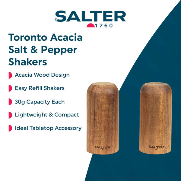 Set of two acacia wood shakers with compact design, Salter brand, for seasoning food.