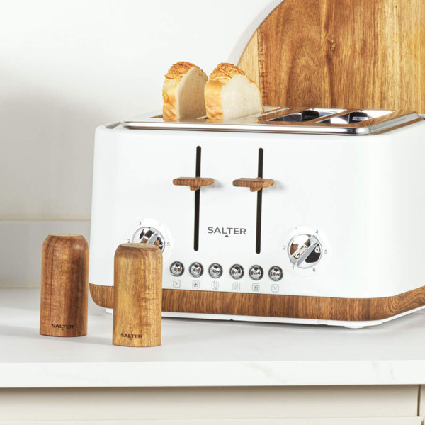 White and wood effect Salter toaster with two slices of bread, salt and pepper shakers.