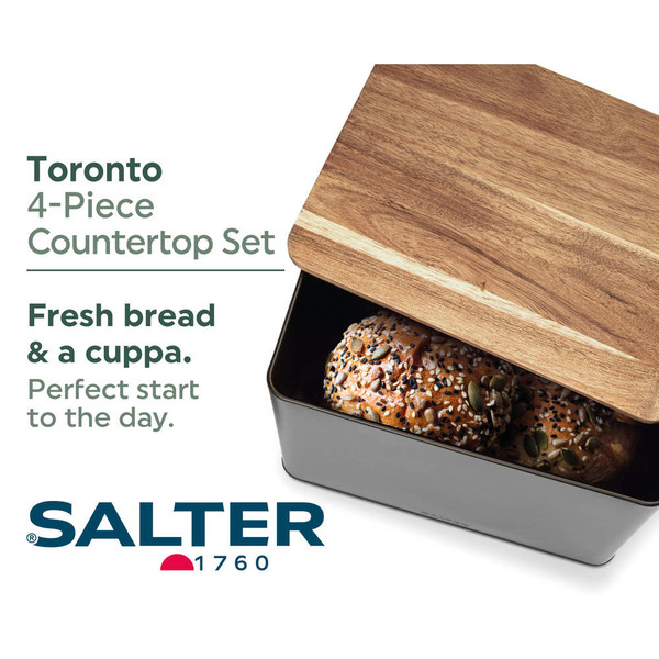 Toronto 4-piece countertop set banner with bread in black tin and wood lid