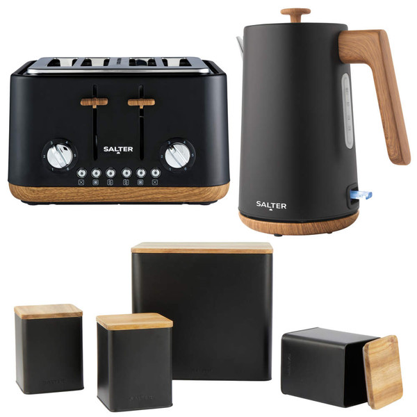Salter matte black and wood kitchen set: toaster, kettle and storage canisters