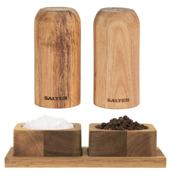 Set of wooden salt and pepper shakers with matching bowls on wooden tray