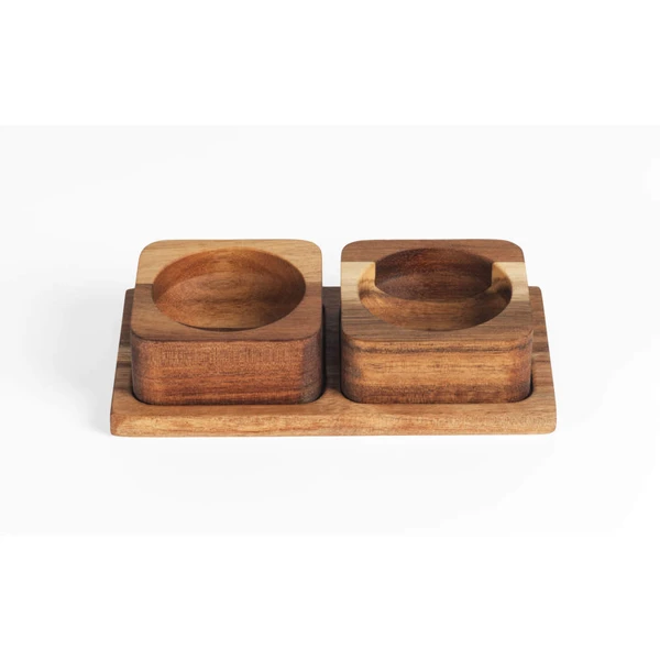 Set of three brown acacia wood Salter salt and pepper pinch pots, shown on white background